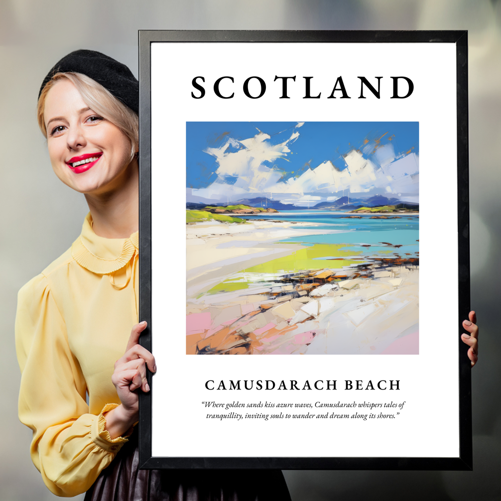 Person holding a poster of Camusdarach Beach