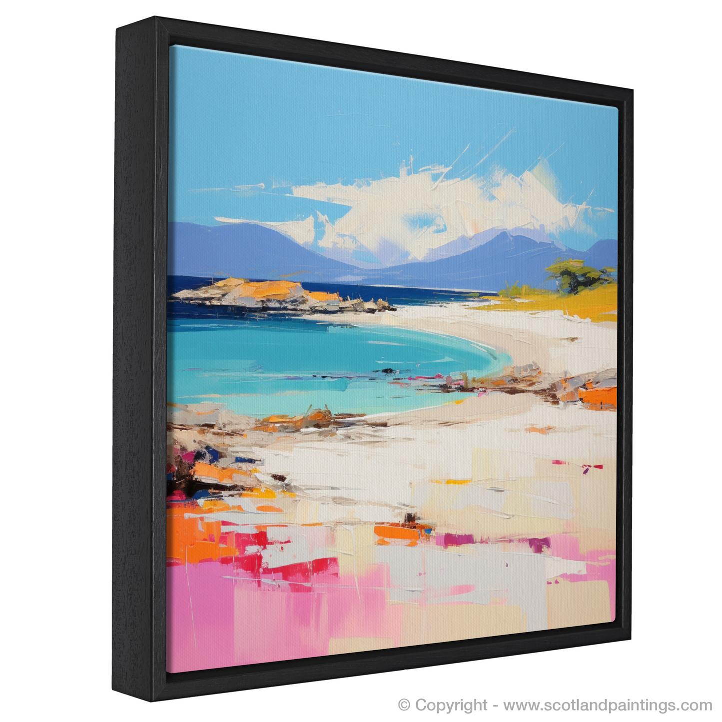 Painting and Art Print of Camusdarach Beach, Arisaig entitled "Turquoise Whispers and Tangerine Warmth: A Contemporary Homage to Camusdarach Beach".