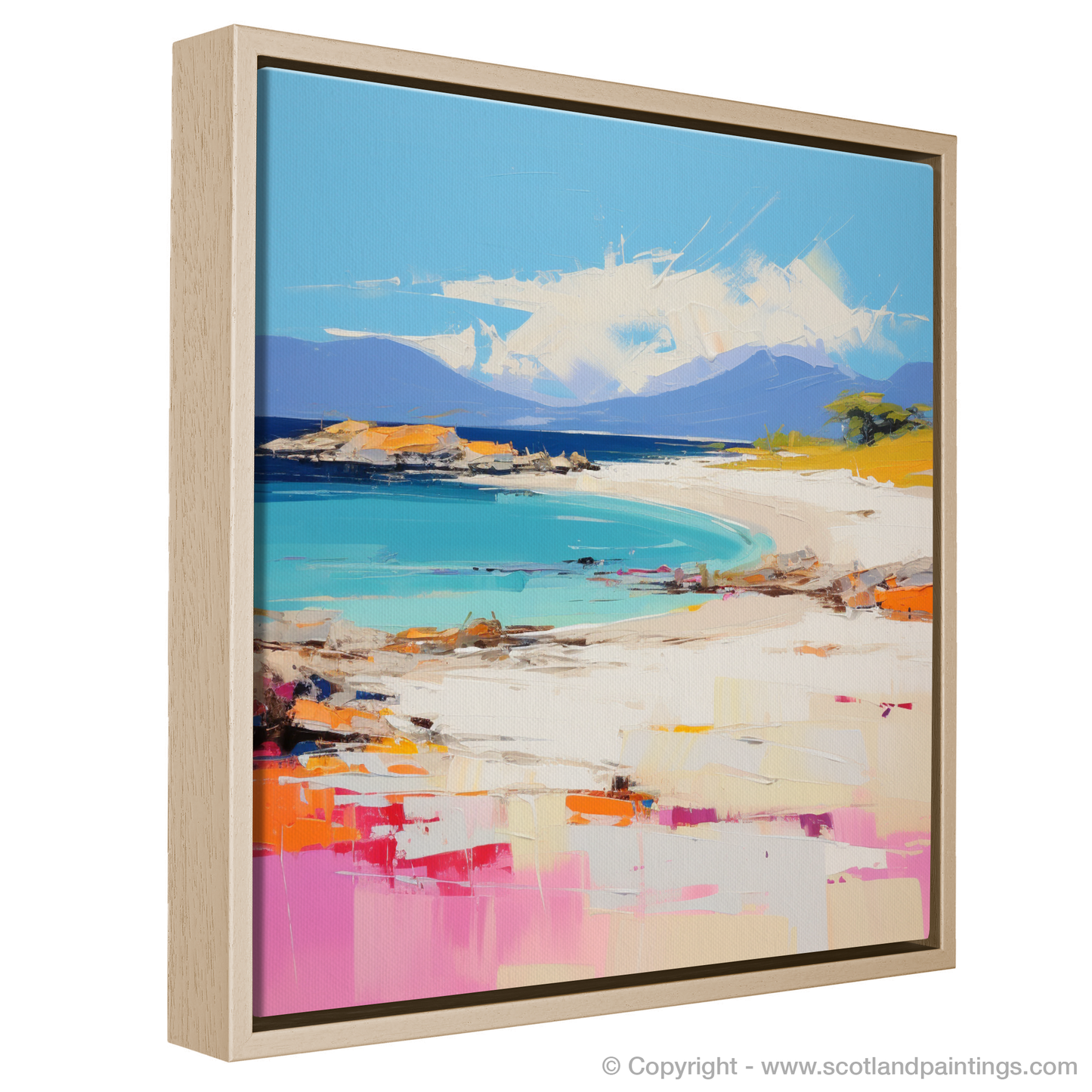 Painting and Art Print of Camusdarach Beach, Arisaig entitled "Turquoise Whispers and Tangerine Warmth: A Contemporary Homage to Camusdarach Beach".