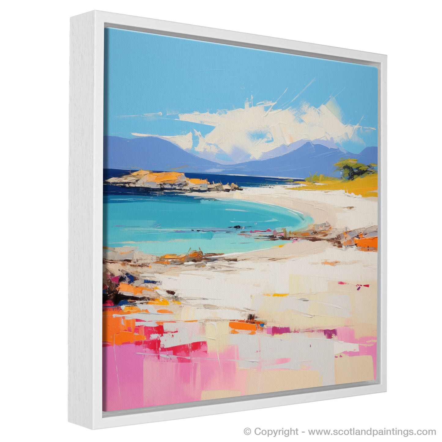 Painting and Art Print of Camusdarach Beach, Arisaig entitled "Turquoise Whispers and Tangerine Warmth: A Contemporary Homage to Camusdarach Beach".