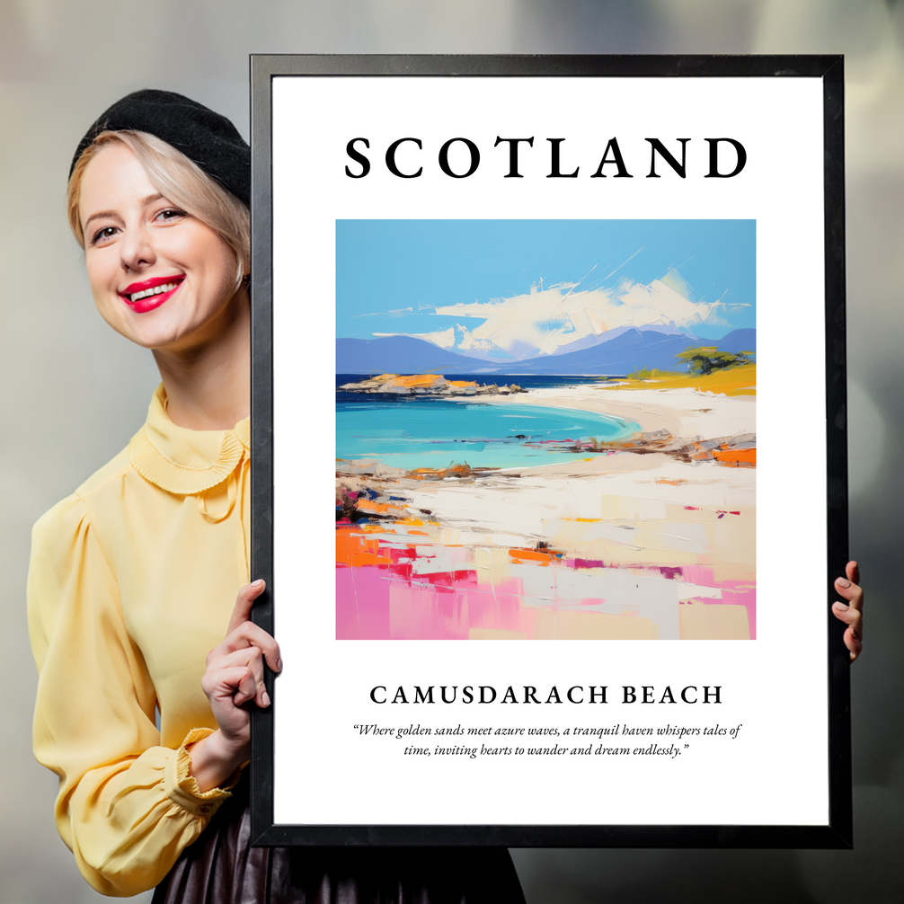 Person holding a poster of Camusdarach Beach