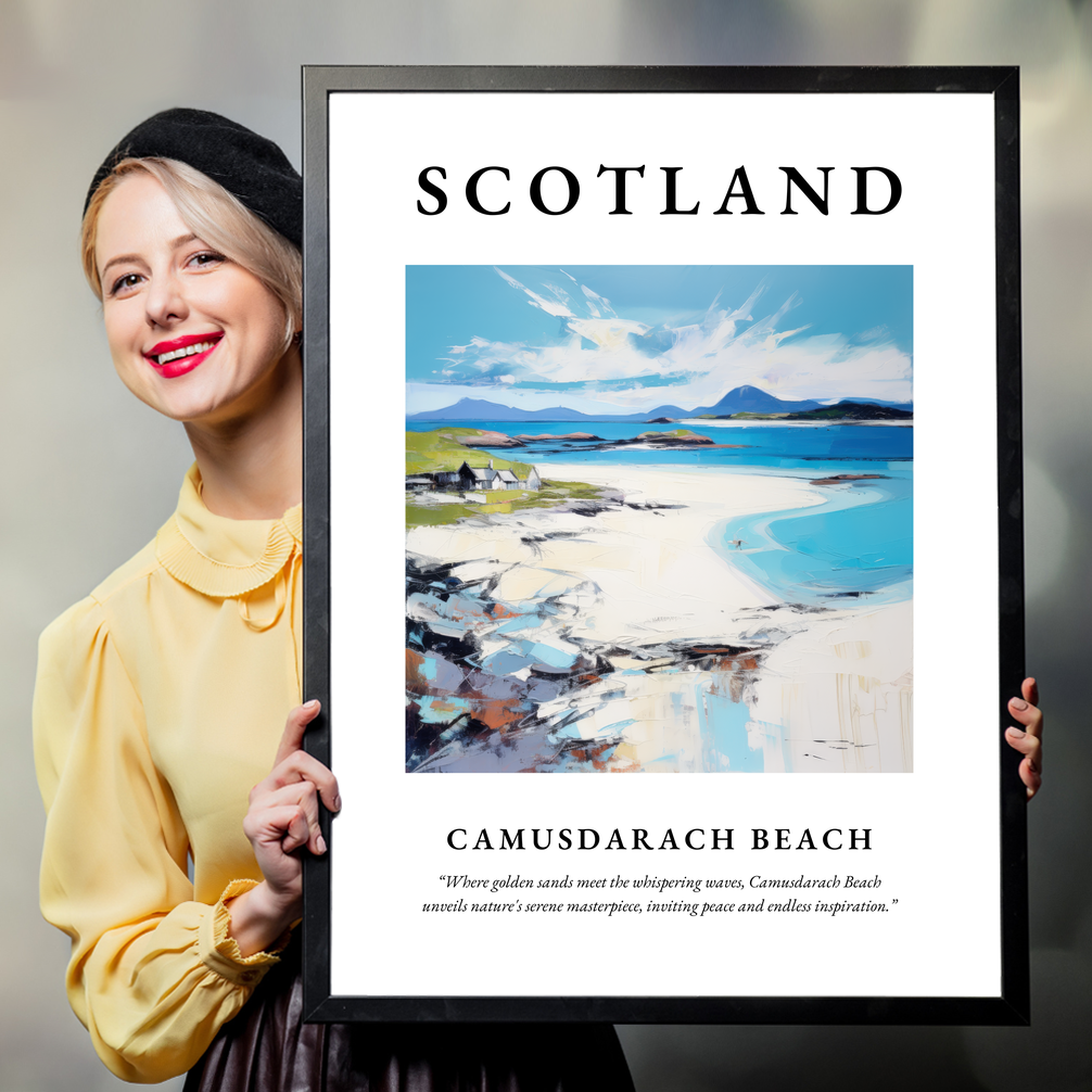 Person holding a poster of Camusdarach Beach