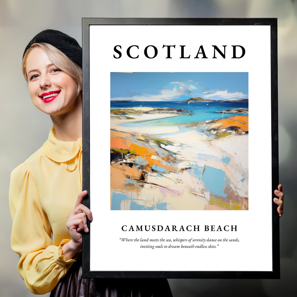 Person holding a poster of Camusdarach Beach