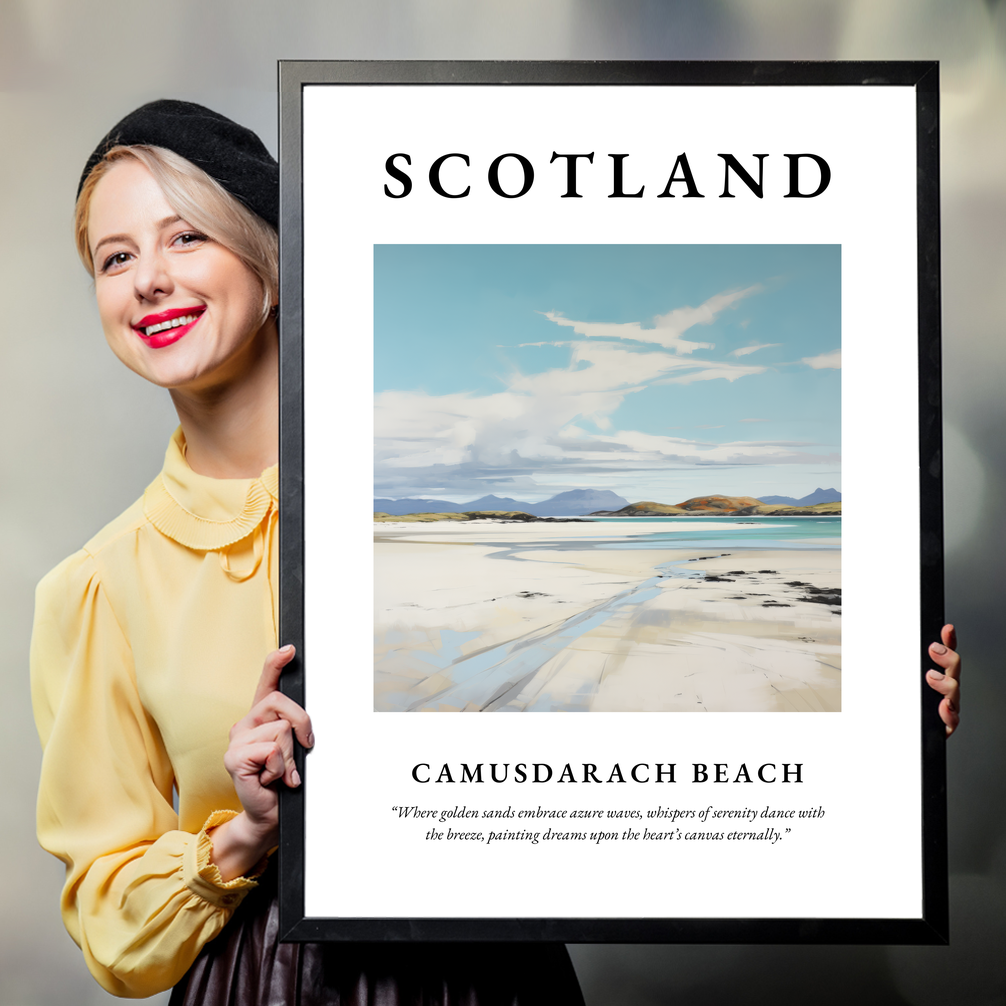 Person holding a poster of Camusdarach Beach