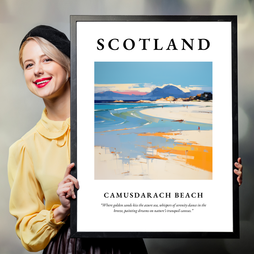 Person holding a poster of Camusdarach Beach