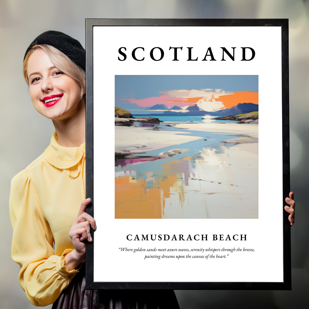 Person holding a poster of Camusdarach Beach