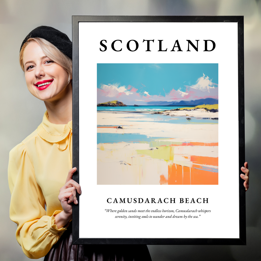 Person holding a poster of Camusdarach Beach