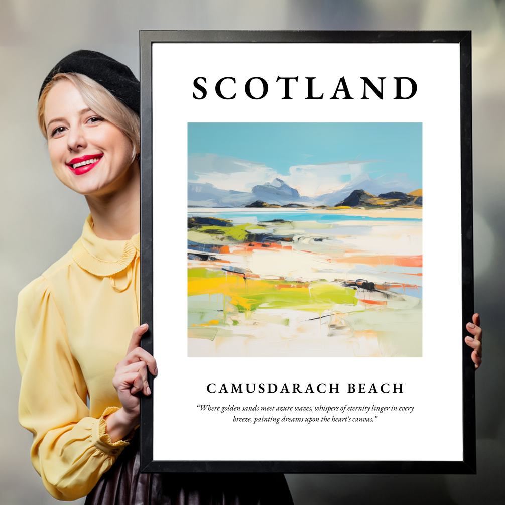 Person holding a poster of Camusdarach Beach