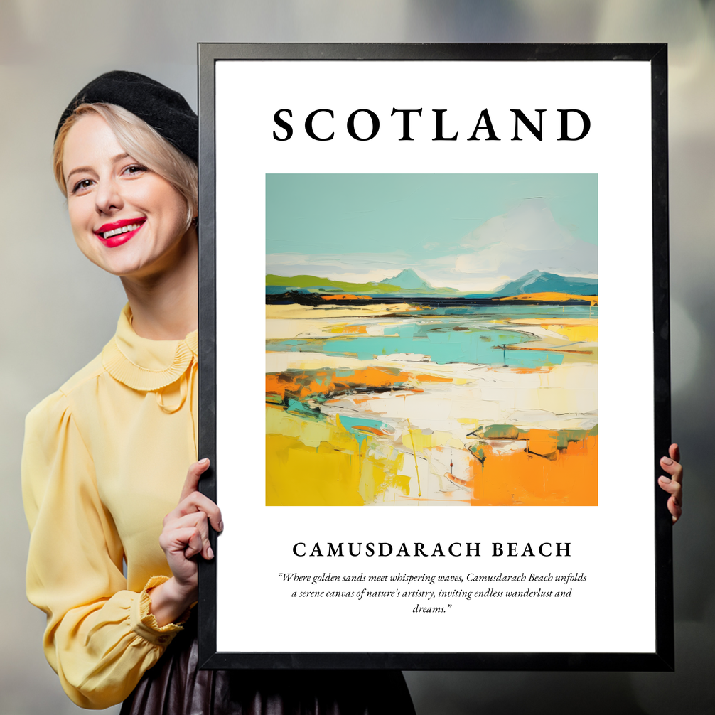 Person holding a poster of Camusdarach Beach