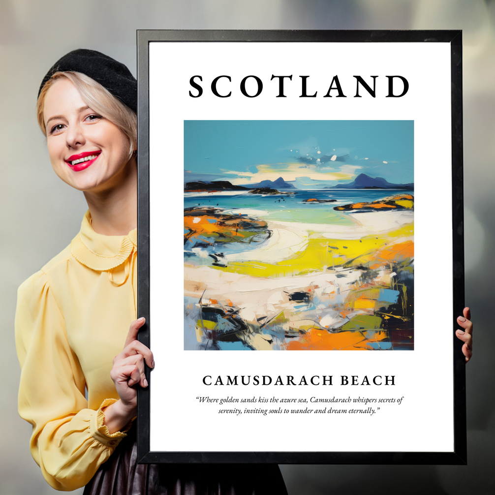 Person holding a poster of Camusdarach Beach