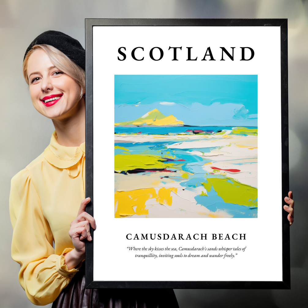 Person holding a poster of Camusdarach Beach