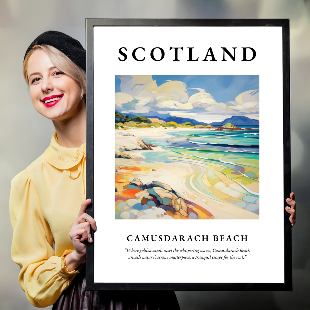 Person holding a poster of Camusdarach Beach