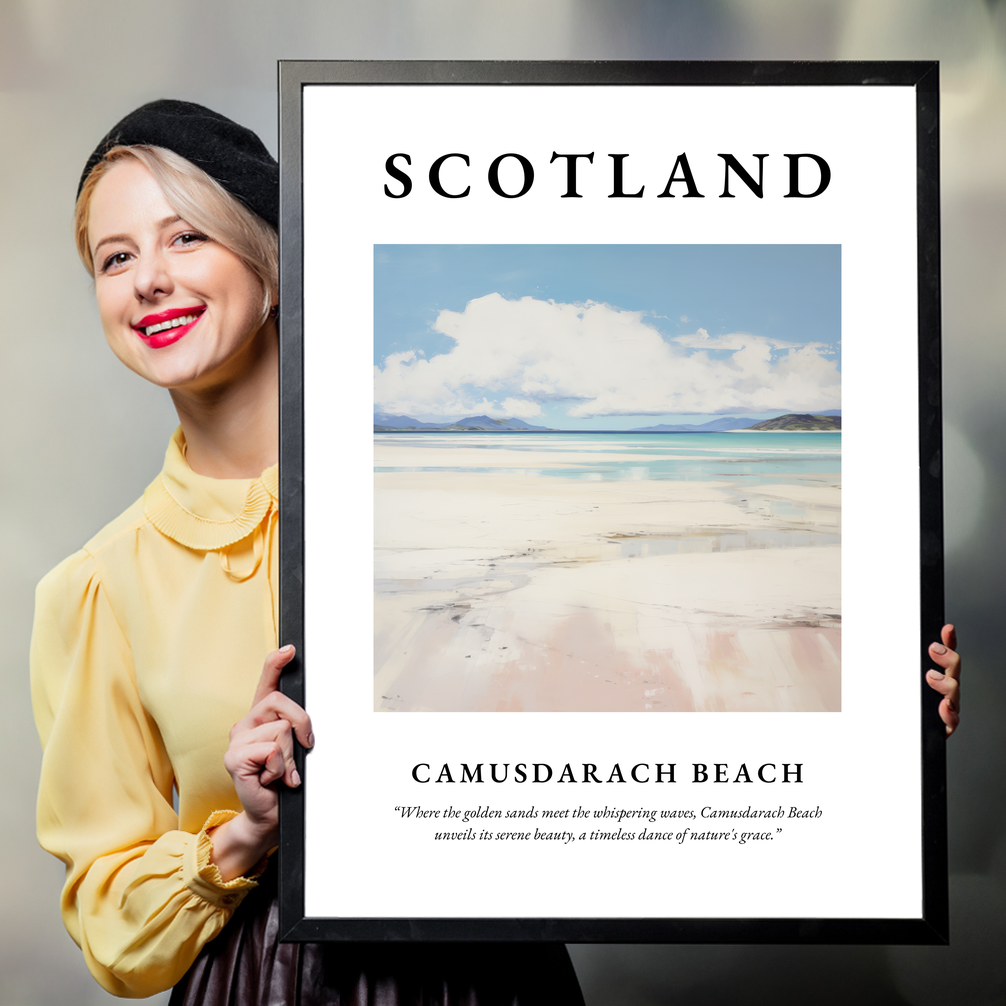 Person holding a poster of Camusdarach Beach