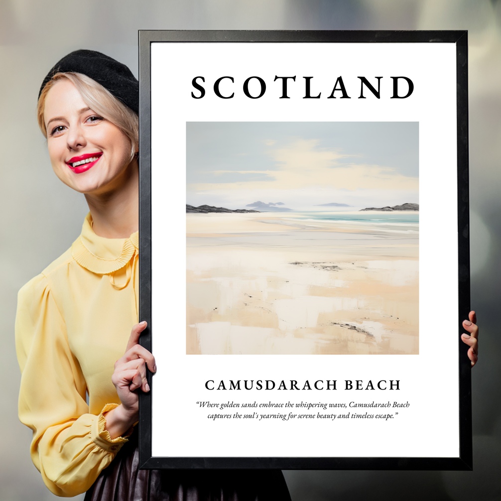 Person holding a poster of Camusdarach Beach