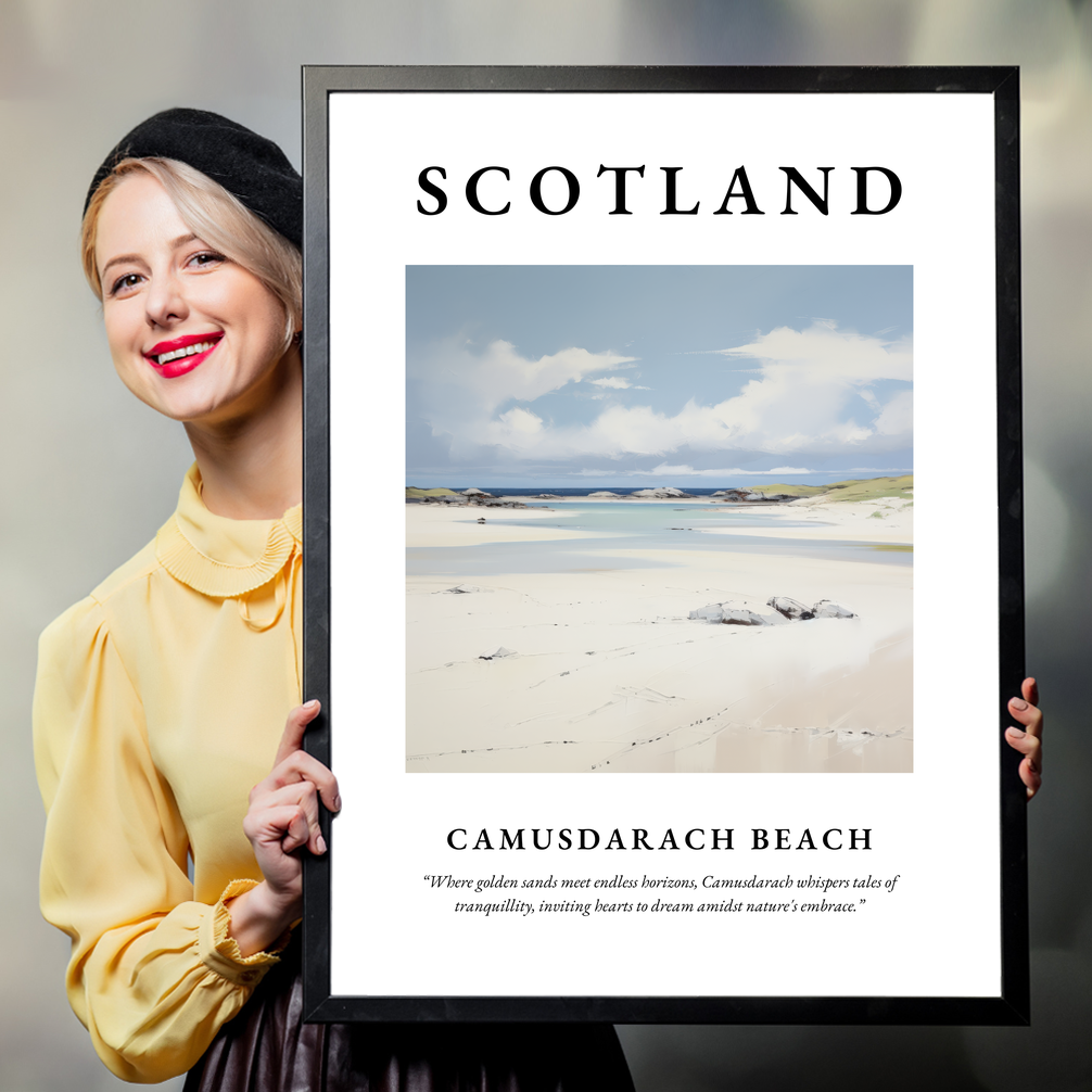 Person holding a poster of Camusdarach Beach