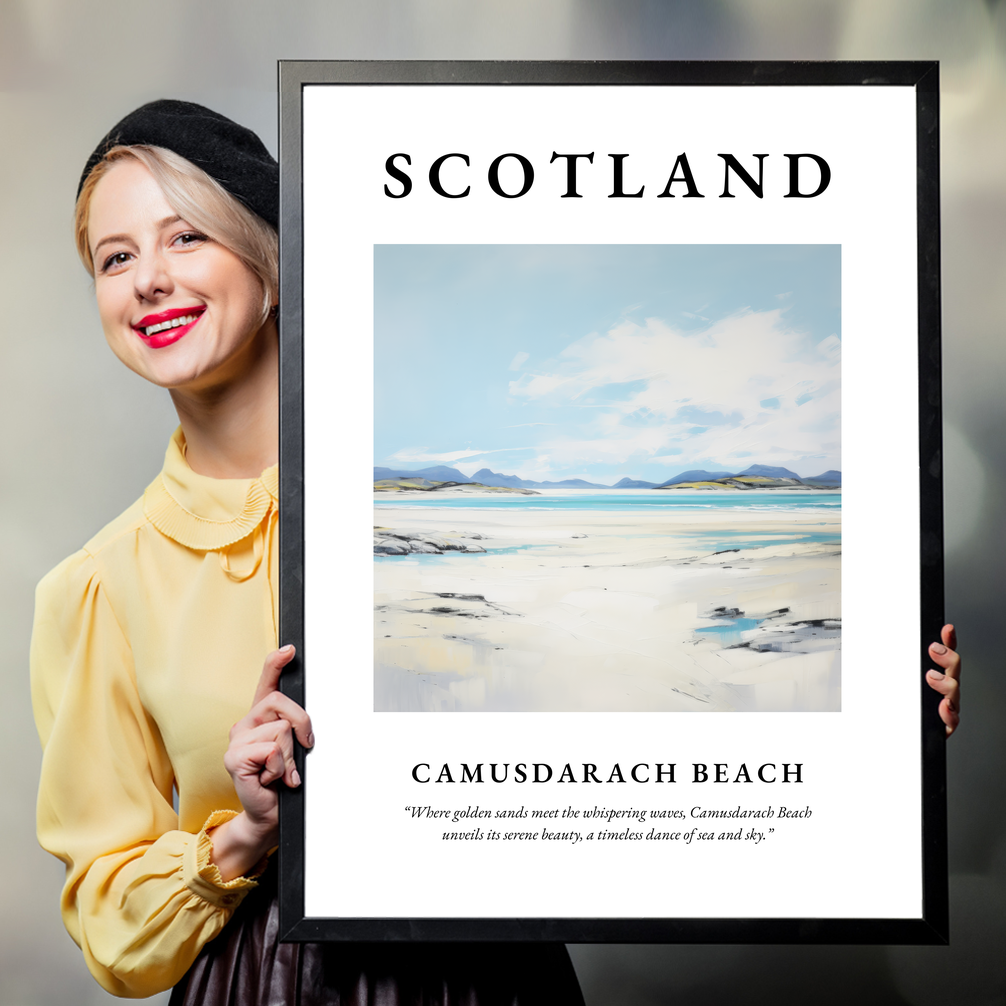 Person holding a poster of Camusdarach Beach