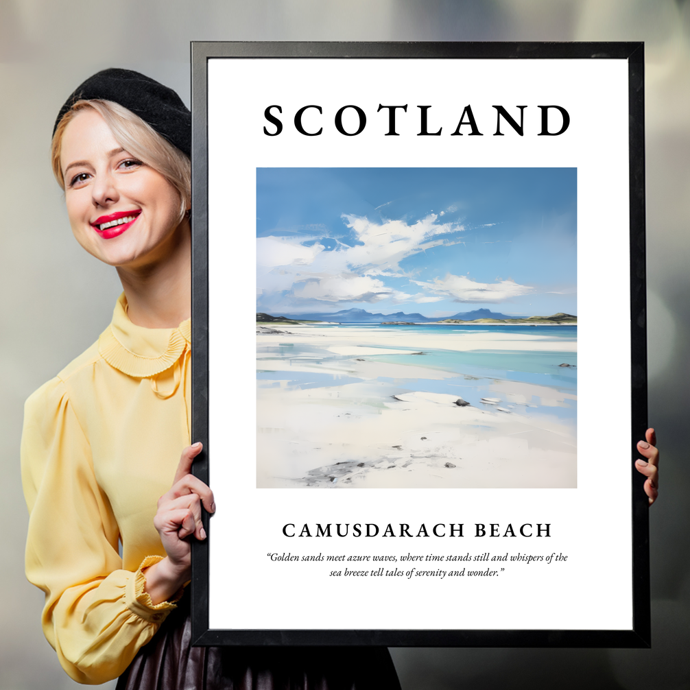 Person holding a poster of Camusdarach Beach