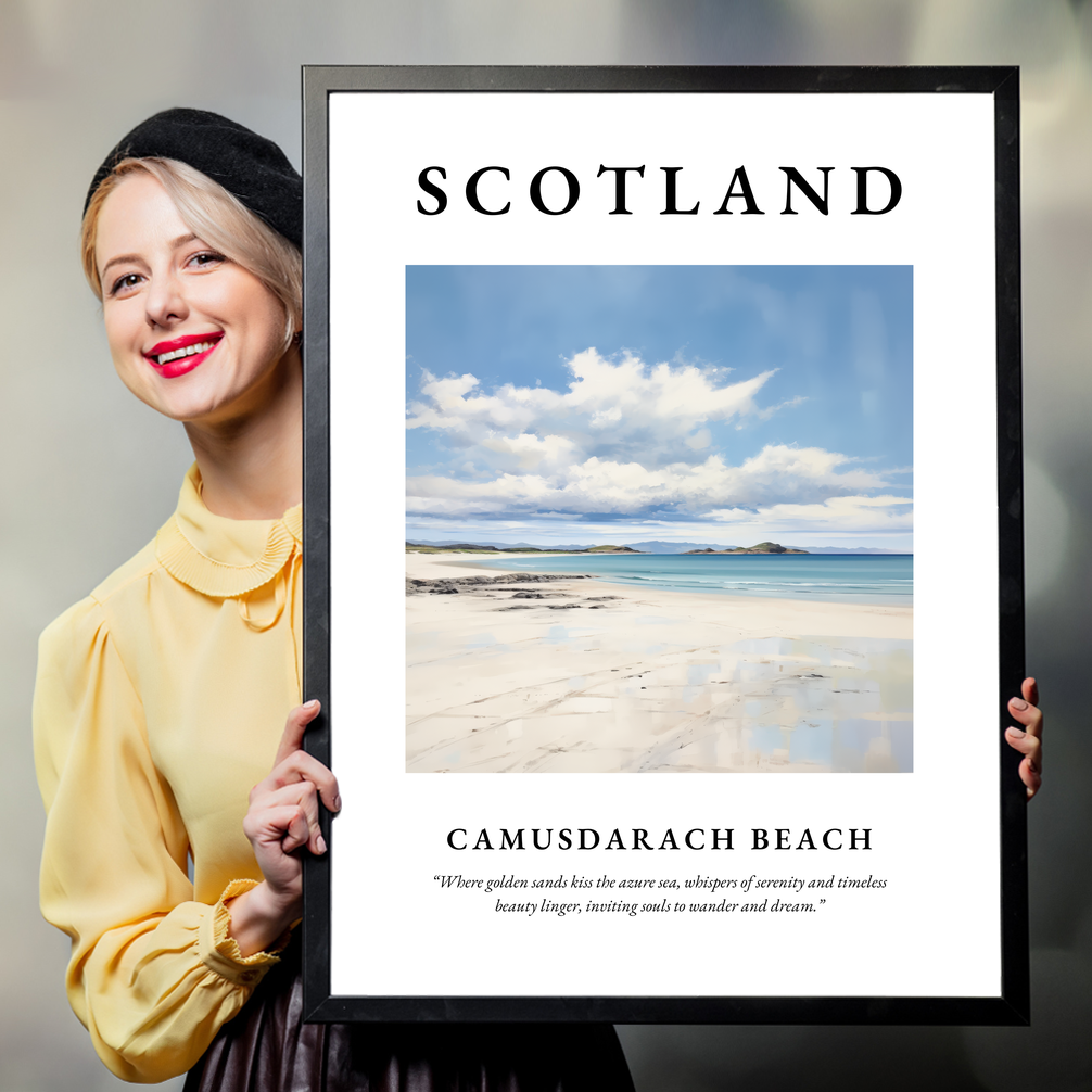 Person holding a poster of Camusdarach Beach