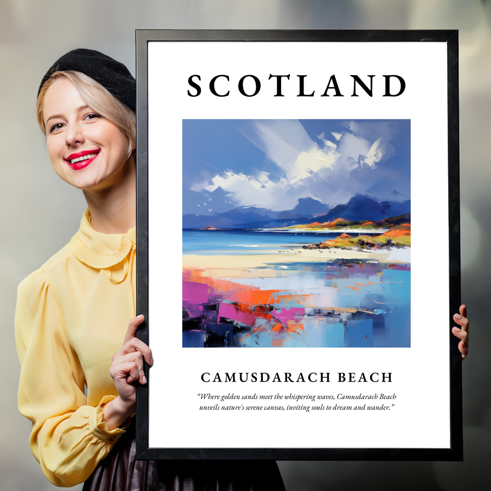 Person holding a poster of Camusdarach Beach