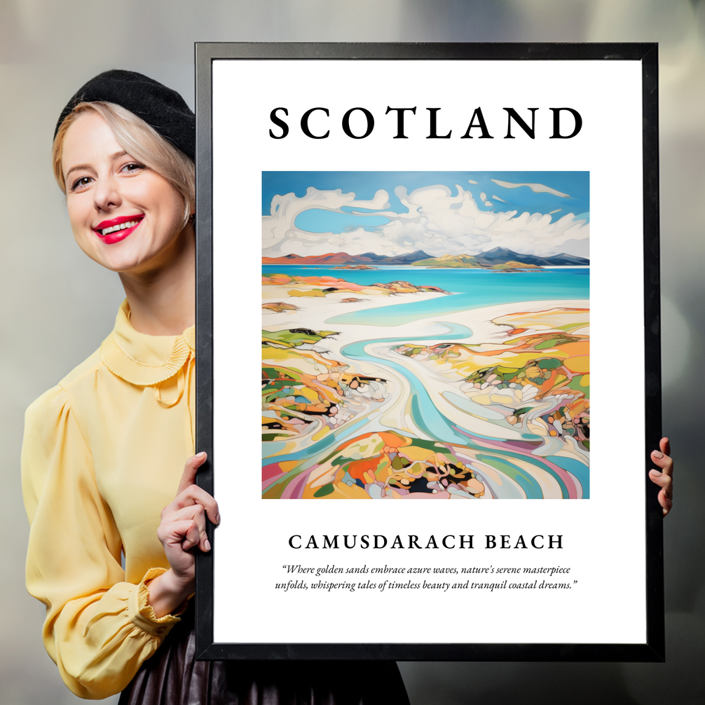 Person holding a poster of Camusdarach Beach