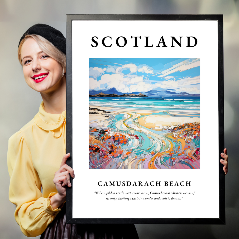 Person holding a poster of Camusdarach Beach