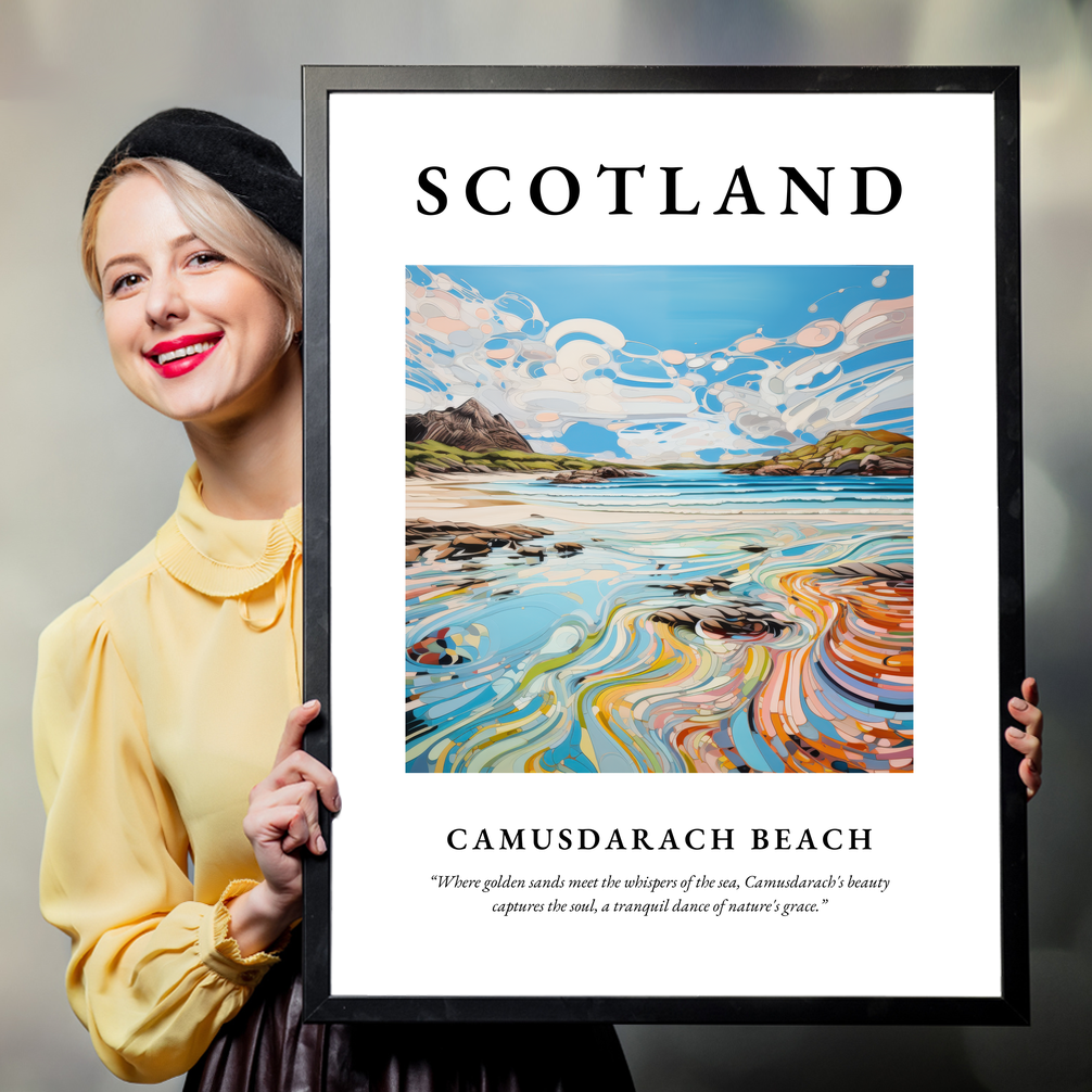 Person holding a poster of Camusdarach Beach