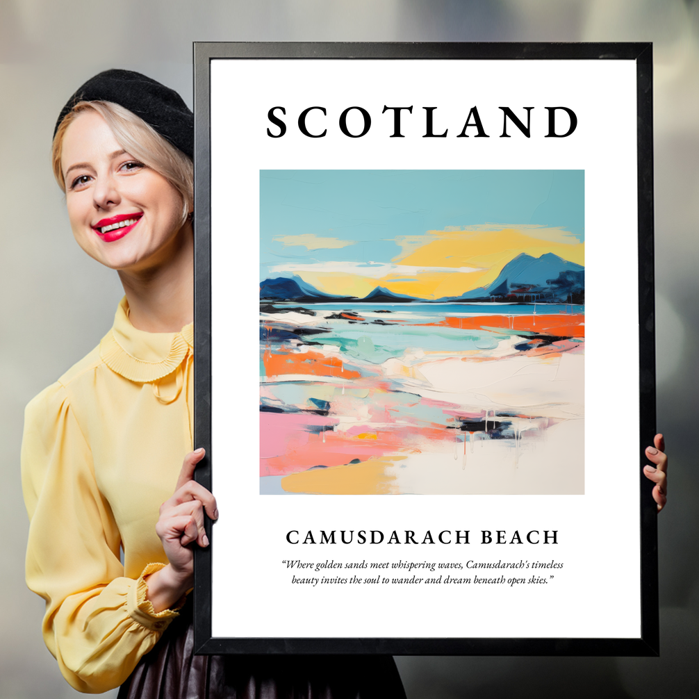 Person holding a poster of Camusdarach Beach