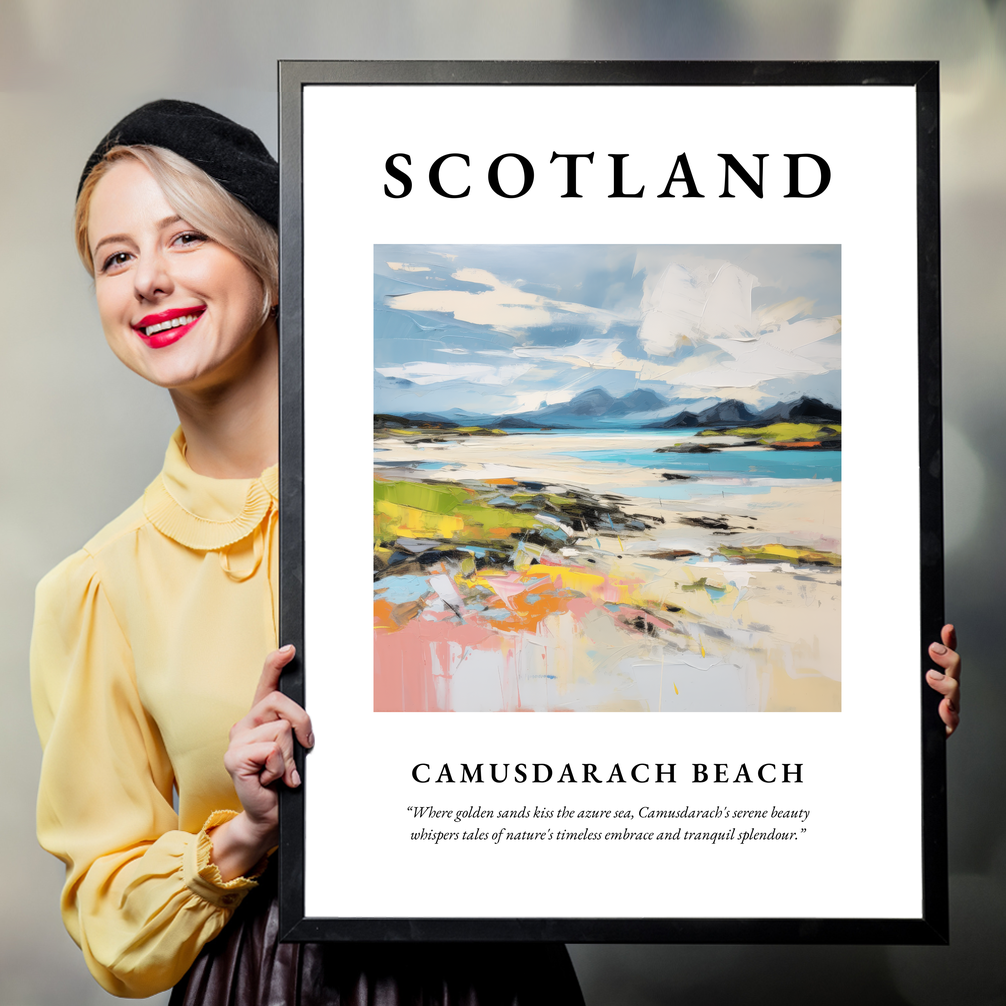 Person holding a poster of Camusdarach Beach