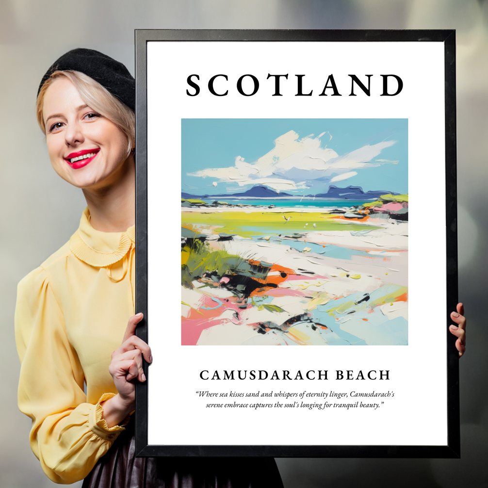 Person holding a poster of Camusdarach Beach