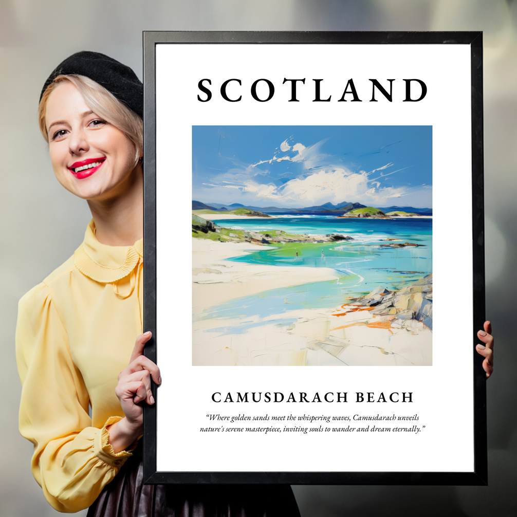 Person holding a poster of Camusdarach Beach