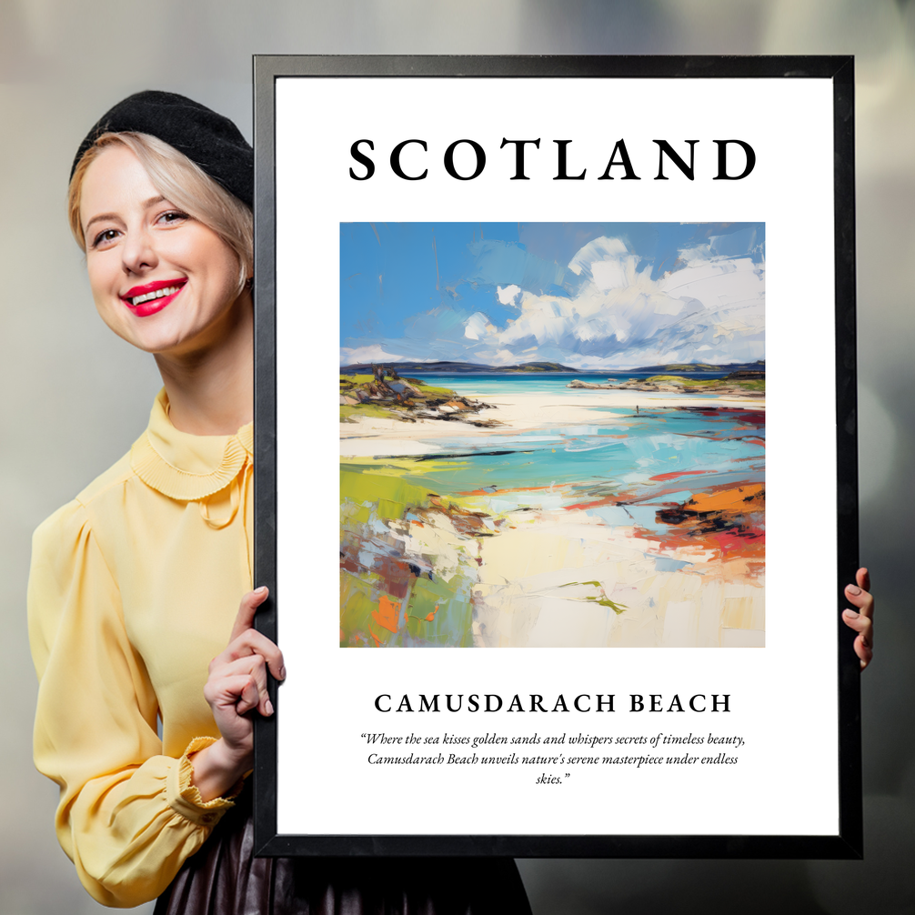 Person holding a poster of Camusdarach Beach