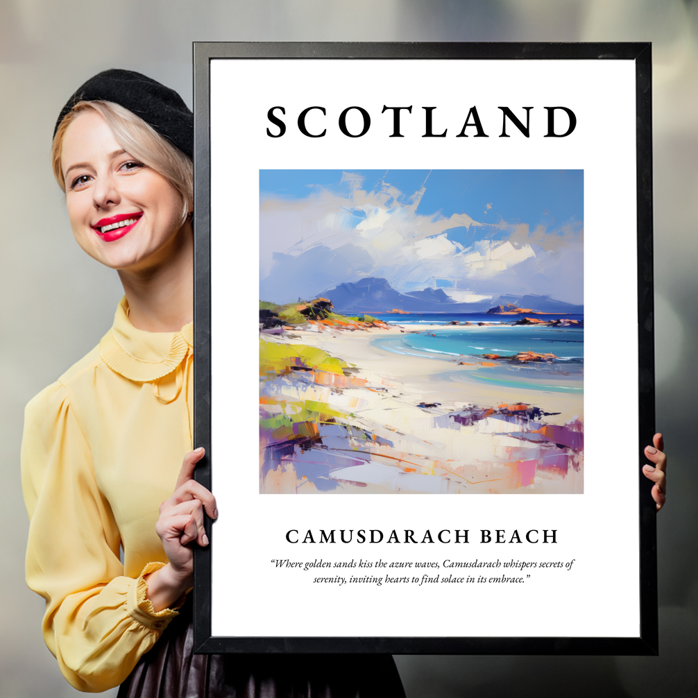 Person holding a poster of Camusdarach Beach