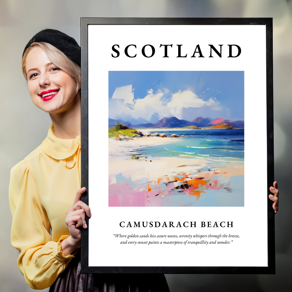 Person holding a poster of Camusdarach Beach