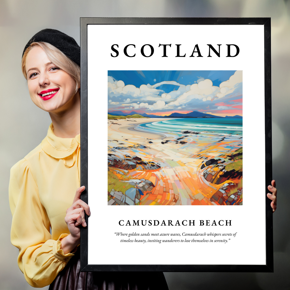 Person holding a poster of Camusdarach Beach