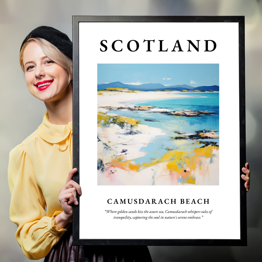 Person holding a poster of Camusdarach Beach