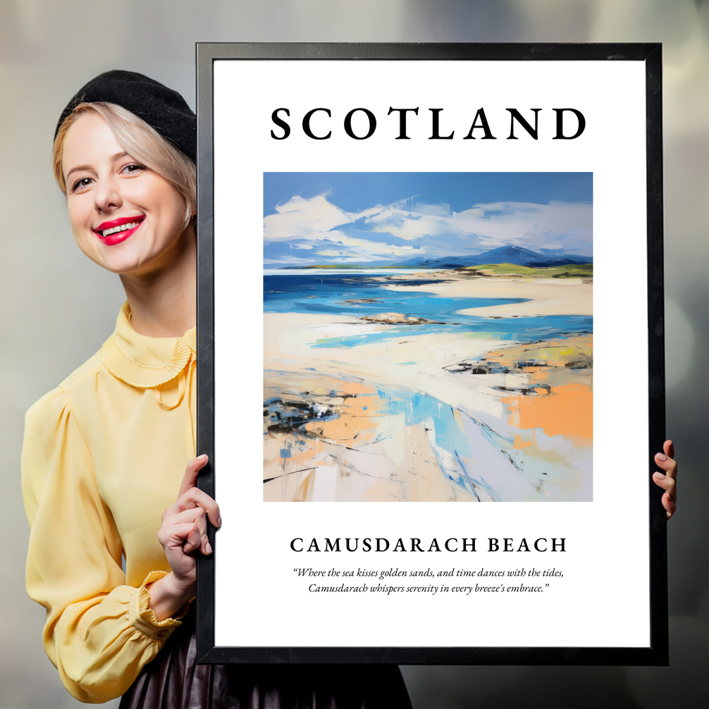 Person holding a poster of Camusdarach Beach