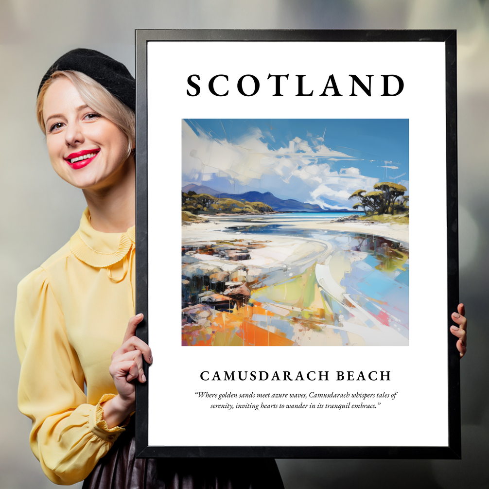 Person holding a poster of Camusdarach Beach