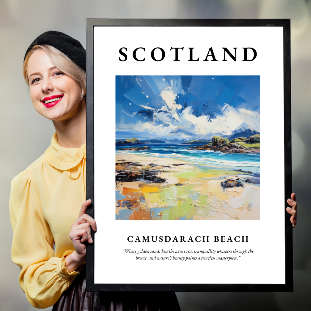 Person holding a poster of Camusdarach Beach