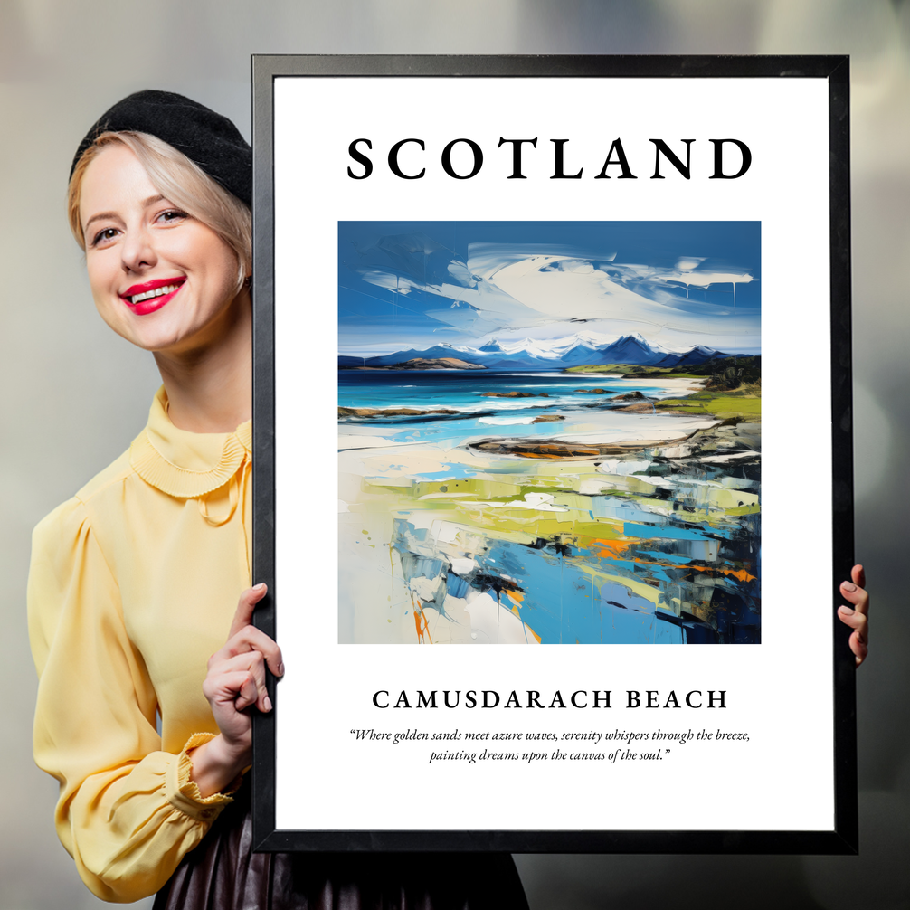 Person holding a poster of Camusdarach Beach