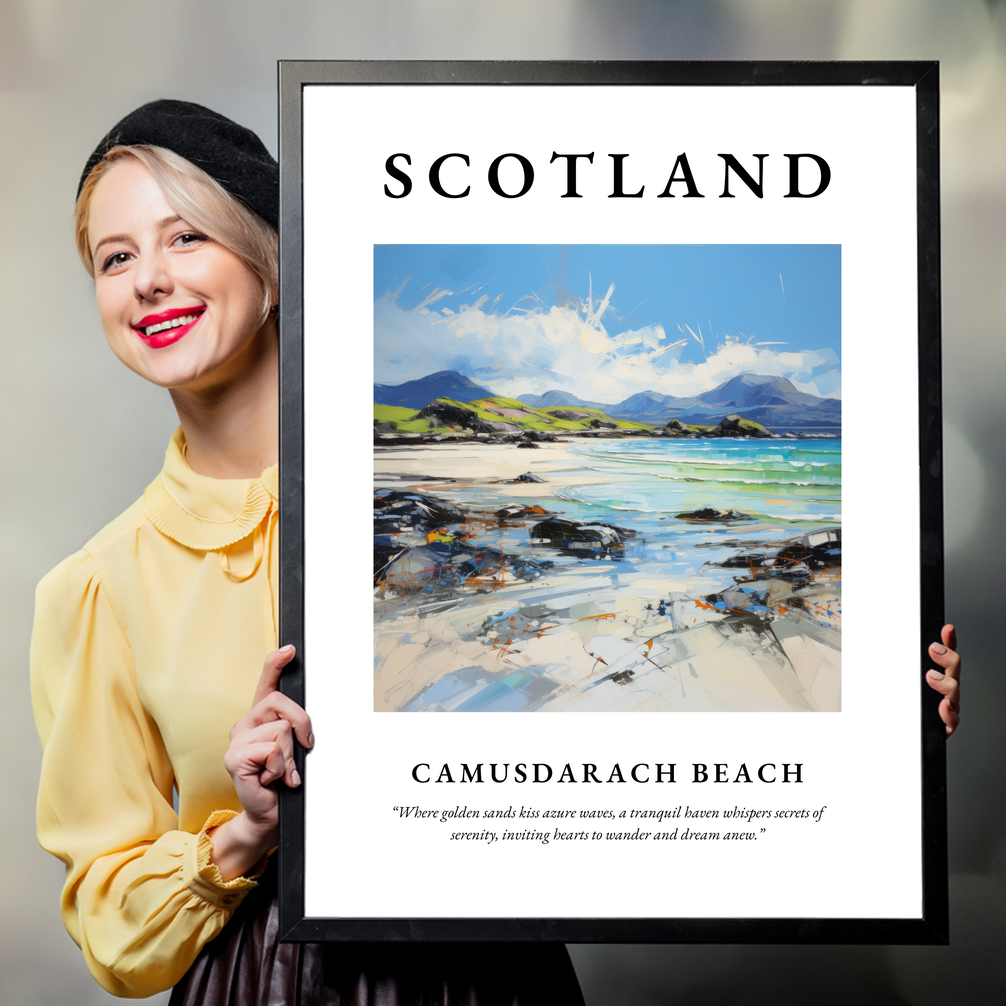 Person holding a poster of Camusdarach Beach