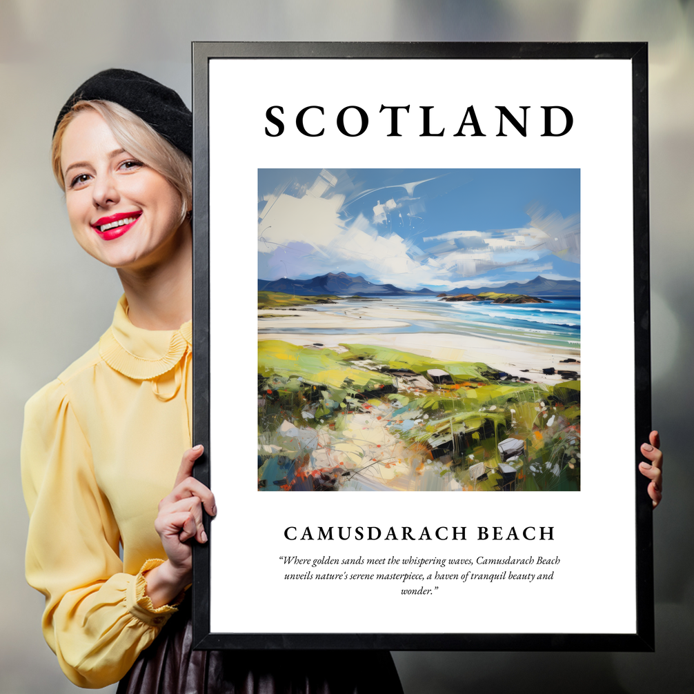 Person holding a poster of Camusdarach Beach