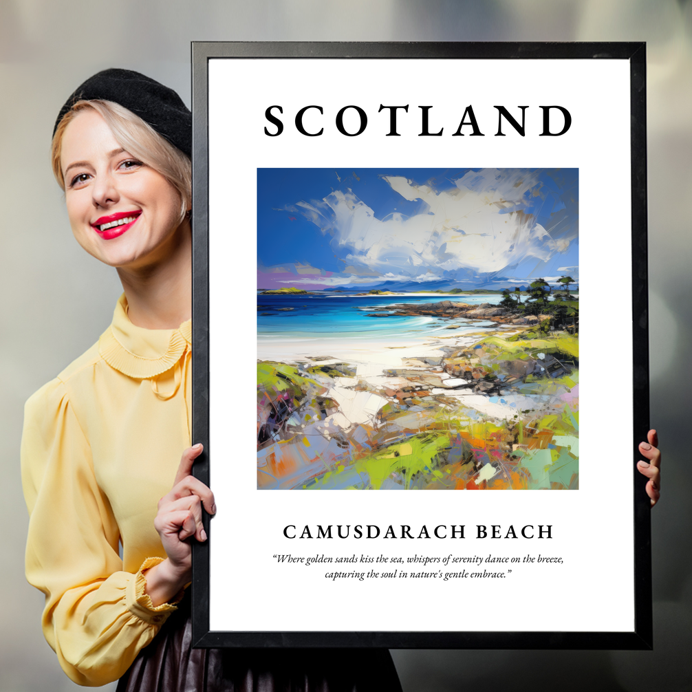 Person holding a poster of Camusdarach Beach