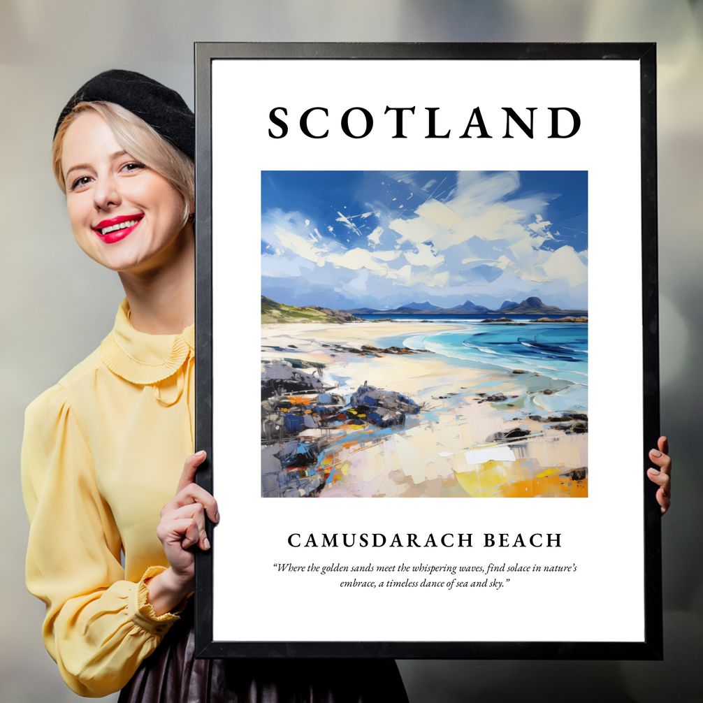 Person holding a poster of Camusdarach Beach