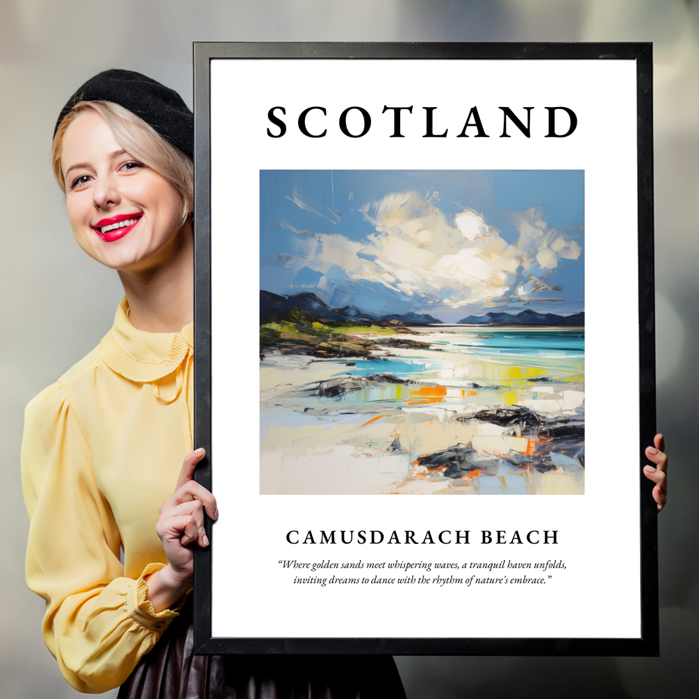 Person holding a poster of Camusdarach Beach