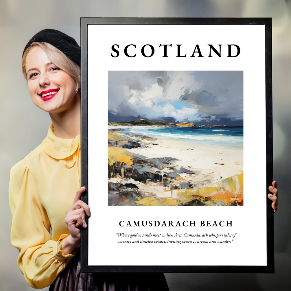 Person holding a poster of Camusdarach Beach