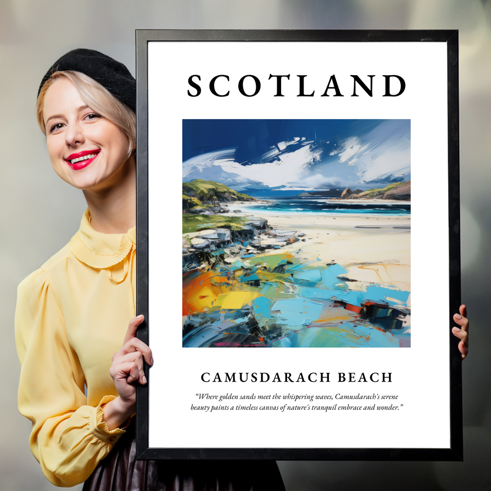 Person holding a poster of Camusdarach Beach