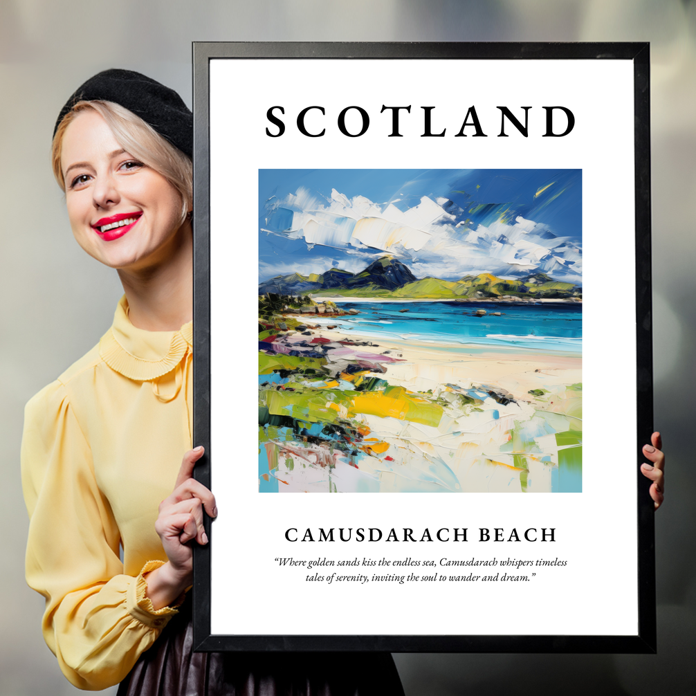 Person holding a poster of Camusdarach Beach