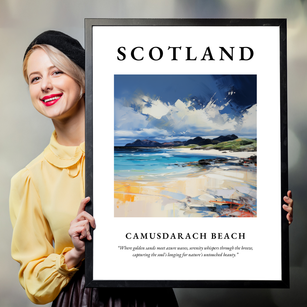 Person holding a poster of Camusdarach Beach