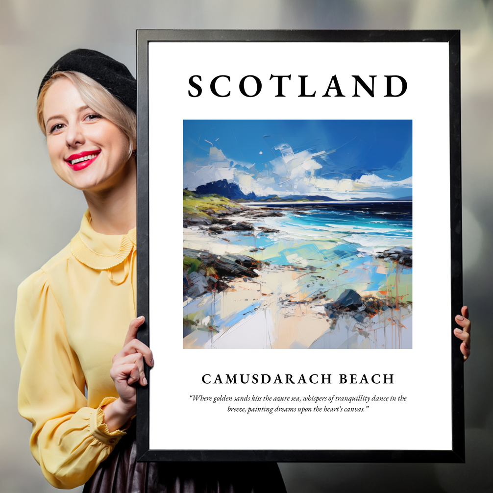 Person holding a poster of Camusdarach Beach