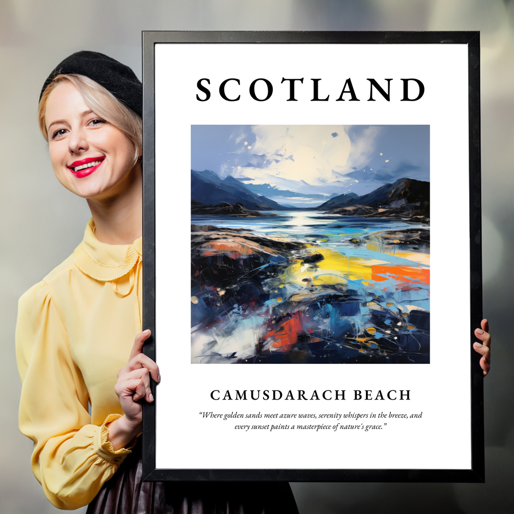 Person holding a poster of Camusdarach Beach